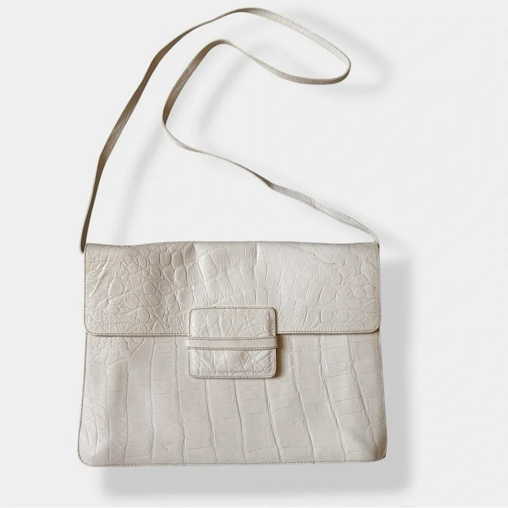 Vintage Furla Bag Envelope Croc Embossed Leather Off White Structured Purse